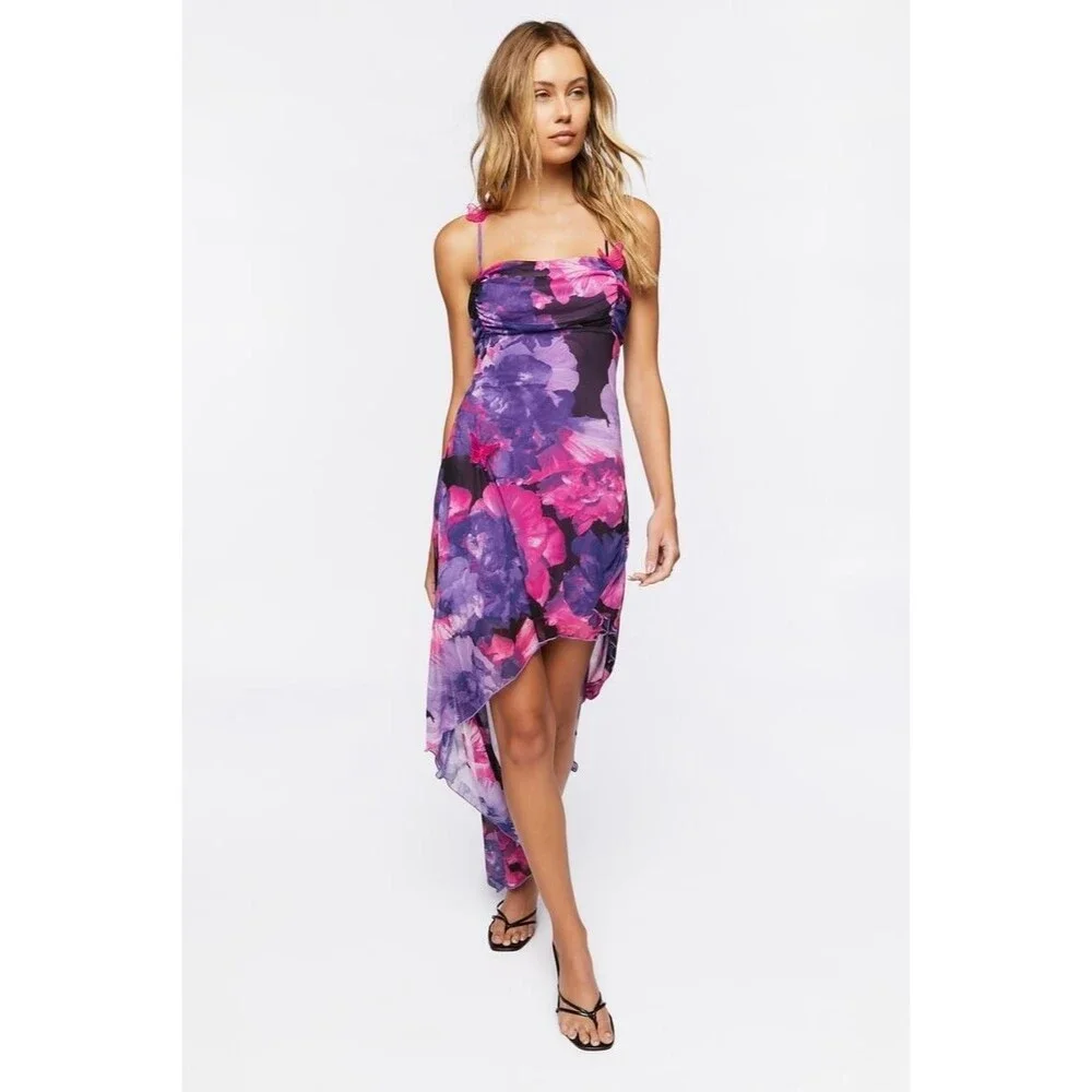 Forever 21 Women's Dress Asymmetric Floral Y2K Fairy Butterfly Ruched Size Large